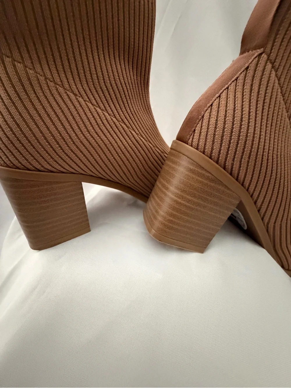 Ribbed Tan Sock Ankle Boot with Block Heel 2 7.5 inch heel